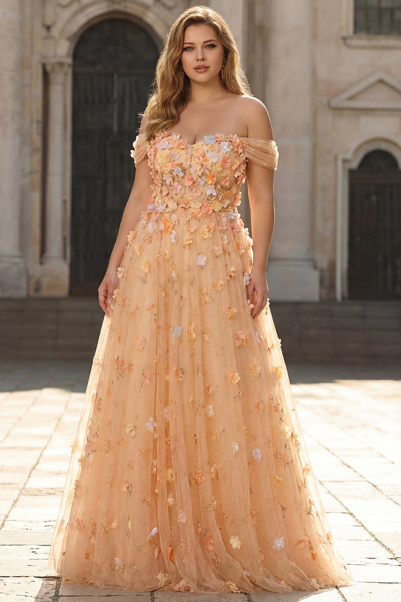 Laden Sie das Bild in den Galerie-Viewer, Champagner Appliquiertes A-Linie Schulterfreies Langes Plus Size Ballkleid