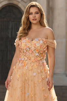 Laden Sie das Bild in den Galerie-Viewer, Champagner Appliquiertes A-Linie Schulterfreies Langes Plus Size Ballkleid