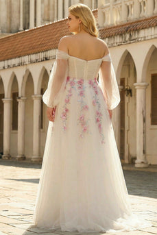 Weißes Schulterfreies A-Linie Tüll Besticktes Langes Plus-Size Ballkleid mit Pailletten