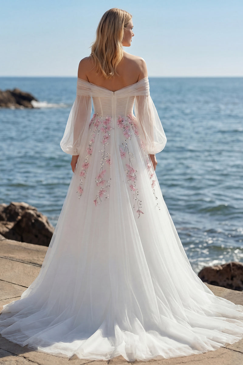 Laden Sie das Bild in den Galerie-Viewer, Schulterfreies Weißes A-Linie Besticktes Tüll Langes Ballkleid mit Pailletten