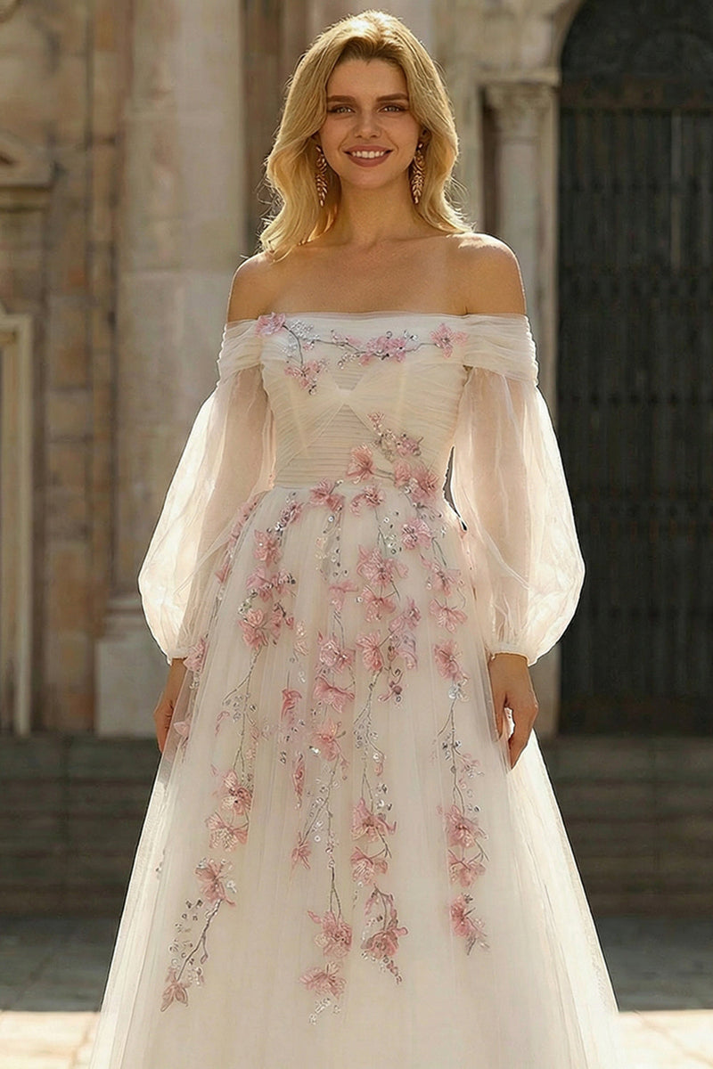 Laden Sie das Bild in den Galerie-Viewer, Weißes Schulterloses Besticktes Tüll Langes Ballkleid mit Pailletten in A-Linie