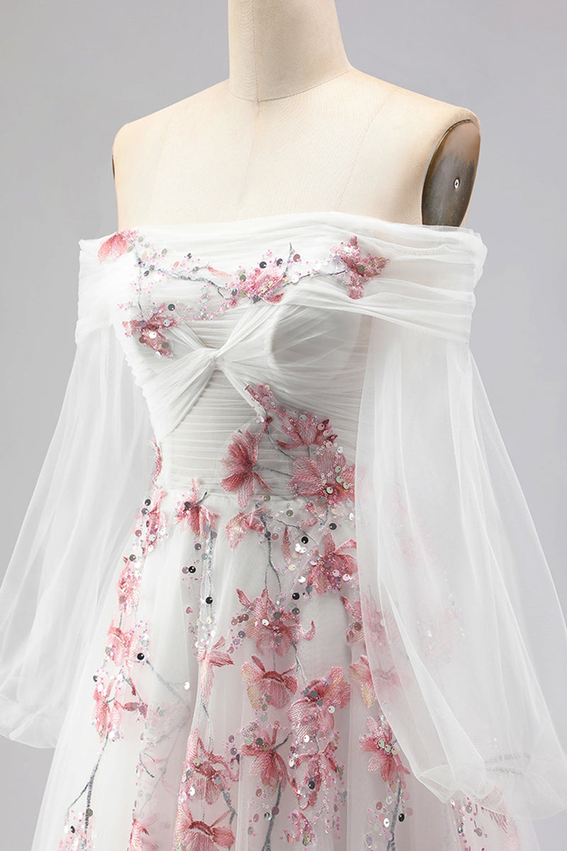 Laden Sie das Bild in den Galerie-Viewer, Schulterfreies Weißes A-Linie Besticktes Tüll Langes Ballkleid mit Pailletten