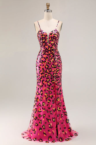 Fuchsia Leopard Meerjungfrau Pailletten Spaghettiträger Langes Ballkleid mit Schlitz
