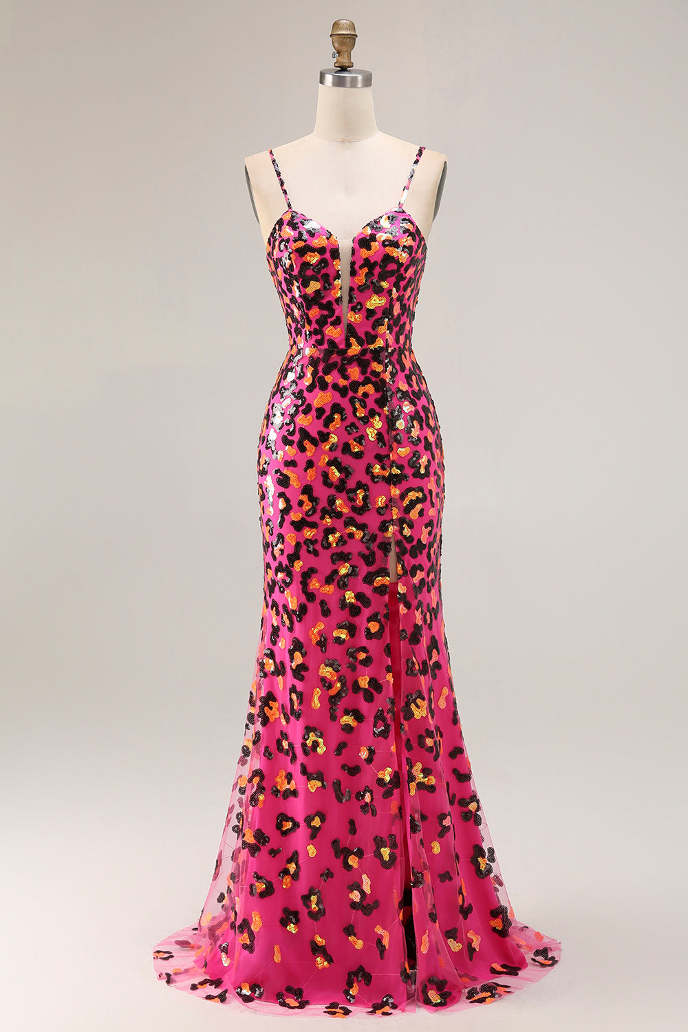 Fuchsia Leopard Meerjungfrau Pailletten Spaghettiträger Langes Ballkleid mit Schlitz