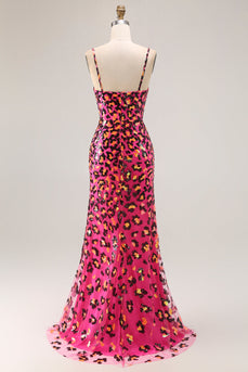 Fuchsia Leopard Meerjungfrau Pailletten Spaghettiträger Langes Ballkleid mit Schlitz