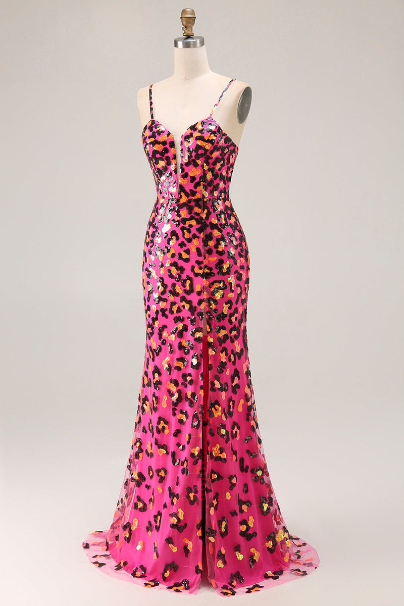 Laden Sie das Bild in den Galerie-Viewer, Fuchsia Leopard Meerjungfrau Pailletten Spaghettiträger Langes Ballkleid mit Schlitz