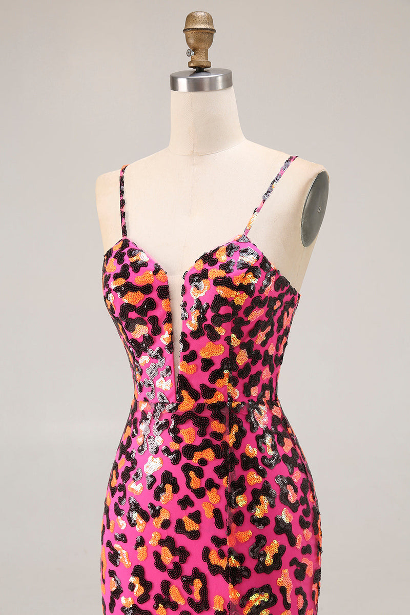 Laden Sie das Bild in den Galerie-Viewer, Fuchsia Leopard Meerjungfrau Pailletten Spaghettiträger Langes Ballkleid mit Schlitz