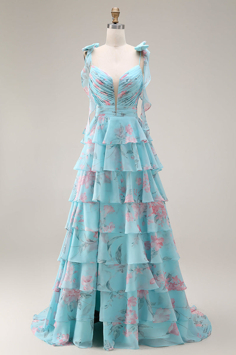 Laden Sie das Bild in den Galerie-Viewer, Blaue Rosa Blume A-Linie Rüschen Gestuftes Chiffon Langes Ballkleid mit Schlitz