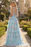 Laden Sie das Bild in den Galerie-Viewer, Blaue Rosa Blume A-Linie Rüschen Gestuftes Chiffon Langes Ballkleid mit Schlitz