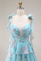 Laden Sie das Bild in den Galerie-Viewer, Blaue Rosa Blume A-Linie Rüschen Gestuftes Chiffon Langes Ballkleid mit Schlitz