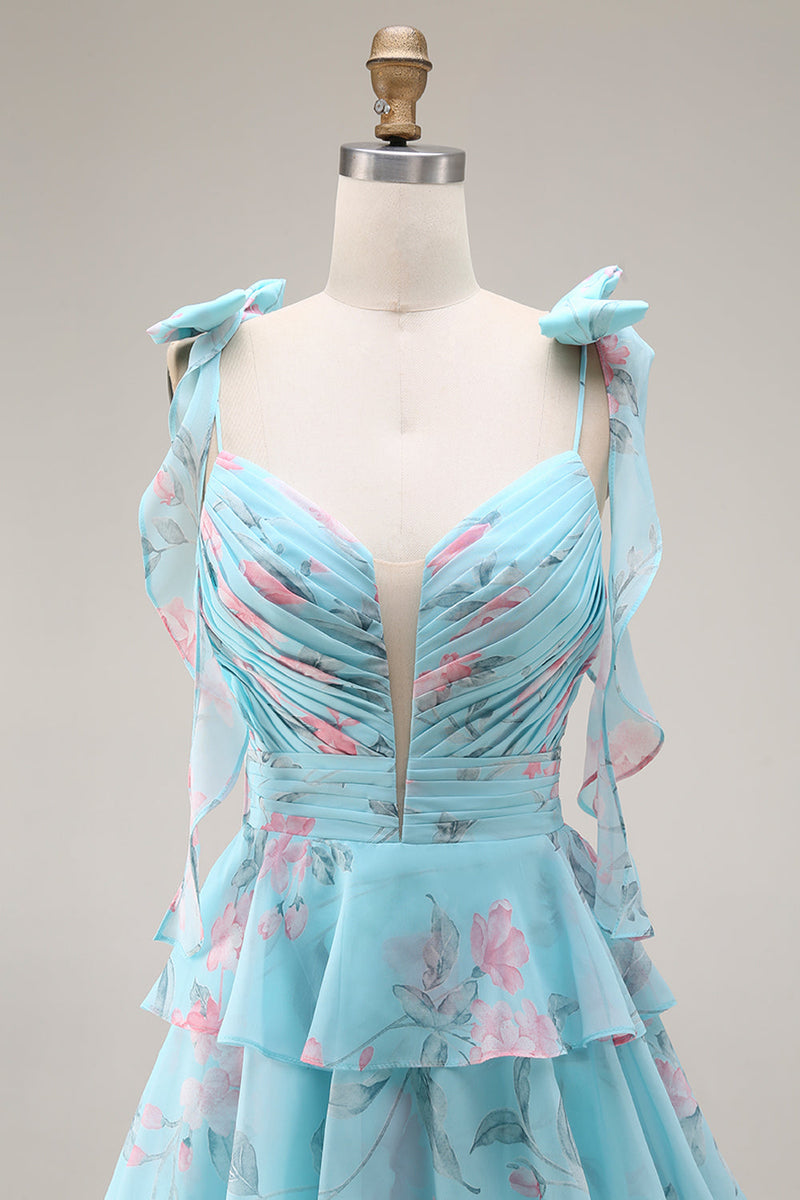 Laden Sie das Bild in den Galerie-Viewer, Blaue Rosa Blume A-Linie Rüschen Gestuftes Chiffon Langes Ballkleid mit Schlitz