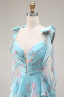 Laden Sie das Bild in den Galerie-Viewer, Blaue Rosa Blume A-Linie Rüschen Gestuftes Chiffon Langes Ballkleid mit Schlitz