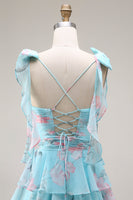 Laden Sie das Bild in den Galerie-Viewer, Blaue Rosa Blume A-Linie Rüschen Gestuftes Chiffon Langes Ballkleid mit Schlitz