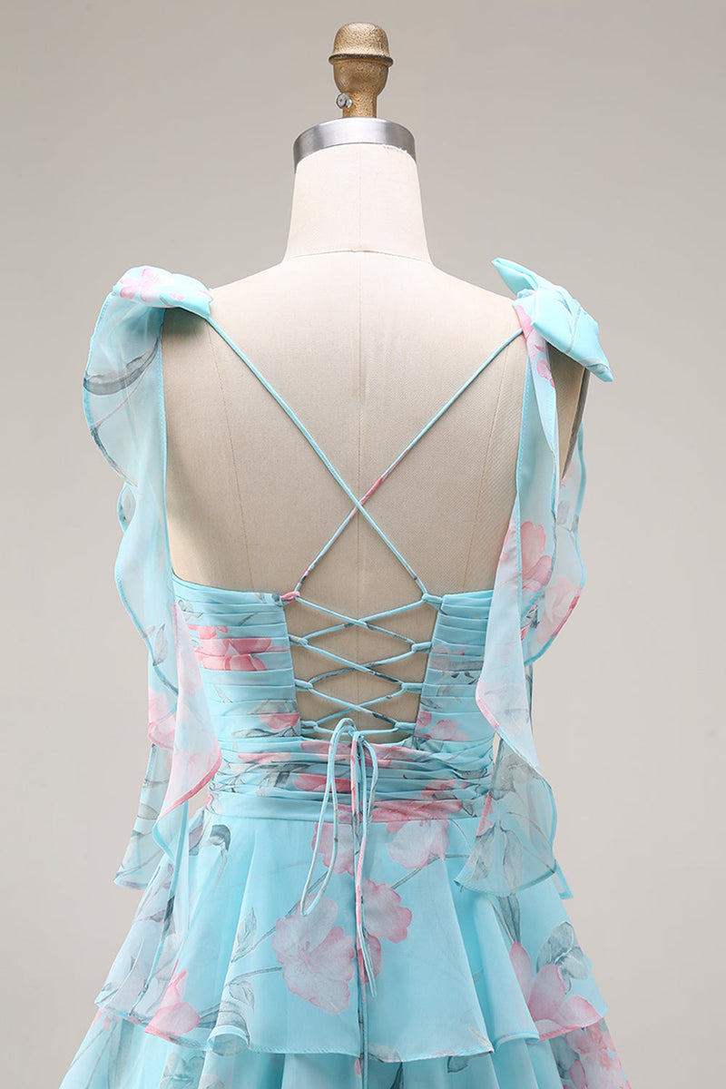 Laden Sie das Bild in den Galerie-Viewer, Blaue Rosa Blume A-Linie Rüschen Gestuftes Chiffon Langes Ballkleid mit Schlitz