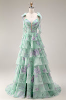 Laden Sie das Bild in den Galerie-Viewer, Blaue Rosa Blume A-Linie Rüschen Gestuftes Chiffon Langes Ballkleid mit Schlitz