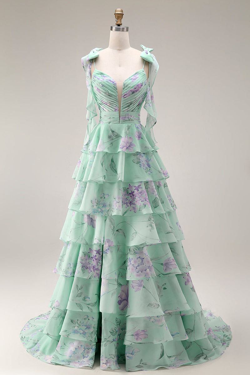 Laden Sie das Bild in den Galerie-Viewer, Blaue Rosa Blume A-Linie Rüschen Gestuftes Chiffon Langes Ballkleid mit Schlitz