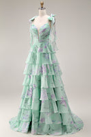 Laden Sie das Bild in den Galerie-Viewer, Blaue Rosa Blume A-Linie Rüschen Gestuftes Chiffon Langes Ballkleid mit Schlitz