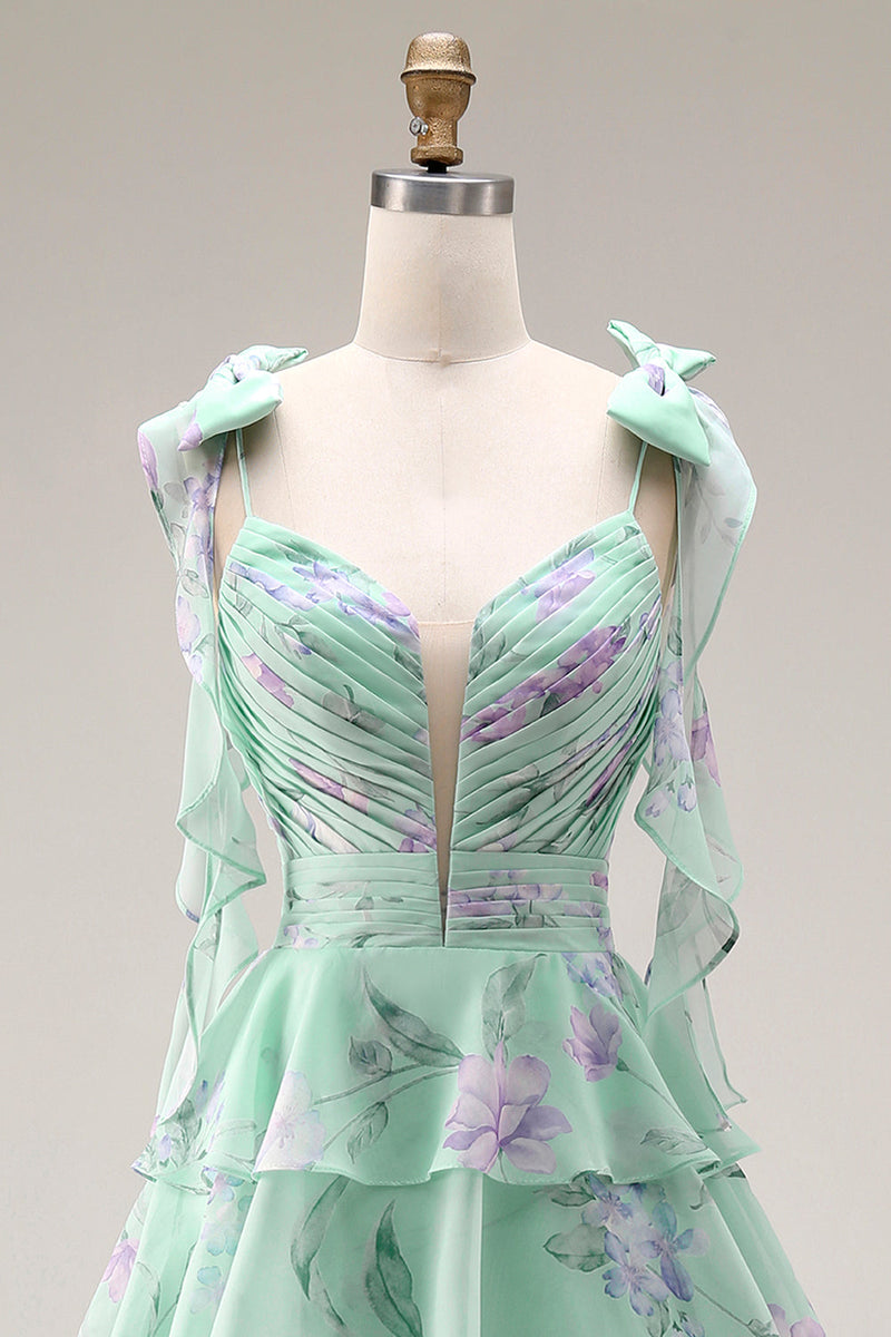 Laden Sie das Bild in den Galerie-Viewer, Blaue Rosa Blume A-Linie Rüschen Gestuftes Chiffon Langes Ballkleid mit Schlitz