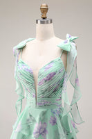 Laden Sie das Bild in den Galerie-Viewer, Blaue Rosa Blume A-Linie Rüschen Gestuftes Chiffon Langes Ballkleid mit Schlitz