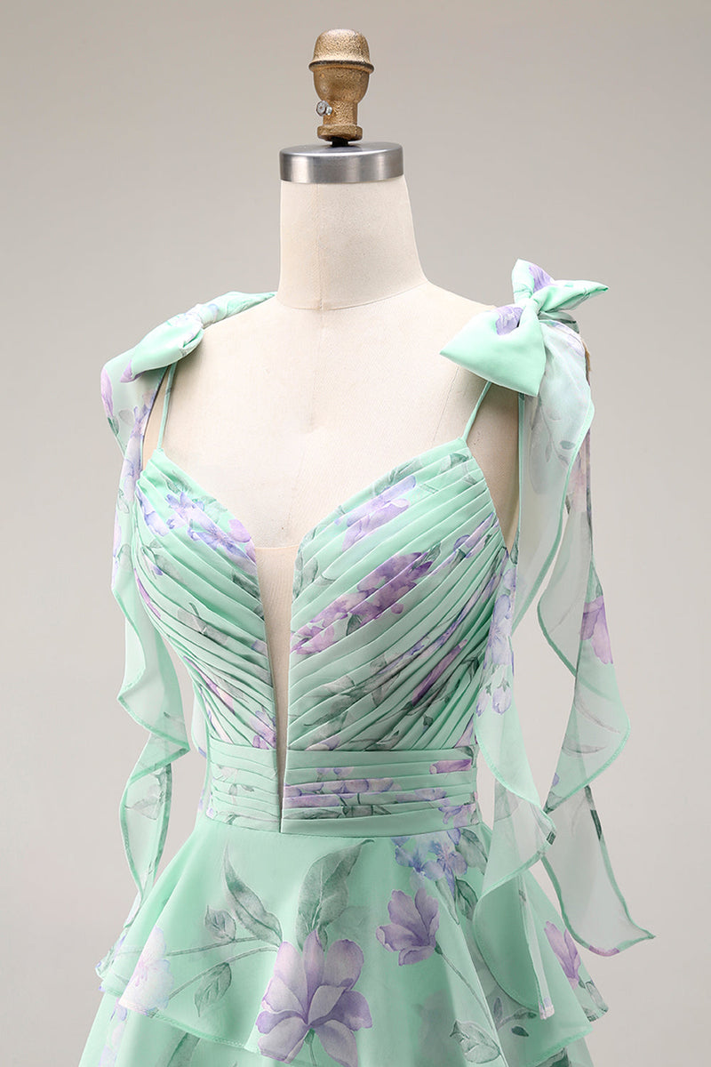 Laden Sie das Bild in den Galerie-Viewer, Blaue Rosa Blume A-Linie Rüschen Gestuftes Chiffon Langes Ballkleid mit Schlitz