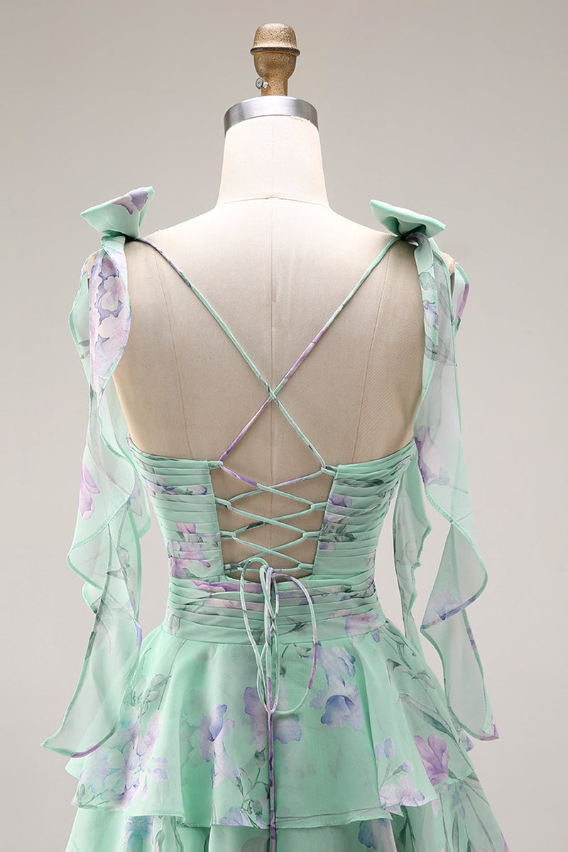 Laden Sie das Bild in den Galerie-Viewer, Blaue Rosa Blume A-Linie Rüschen Gestuftes Chiffon Langes Ballkleid mit Schlitz