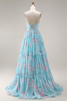 Laden Sie das Bild in den Galerie-Viewer, Blaue Rosa Blume A-Linie Rüschen Korsett Spaghetti-Träger Chiffon Langes Ballkleid