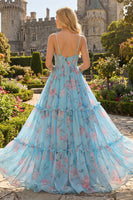 Laden Sie das Bild in den Galerie-Viewer, Blaue Rosa Blume A-Linie Rüschen Korsett Spaghetti-Träger Chiffon Langes Ballkleid