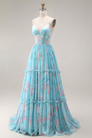 Laden Sie das Bild in den Galerie-Viewer, Blaue Rosa Blume A-Linie Rüschen Korsett Spaghetti-Träger Chiffon Langes Ballkleid
