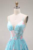 Laden Sie das Bild in den Galerie-Viewer, Blaue Rosa Blume A-Linie Rüschen Korsett Spaghetti-Träger Chiffon Langes Ballkleid