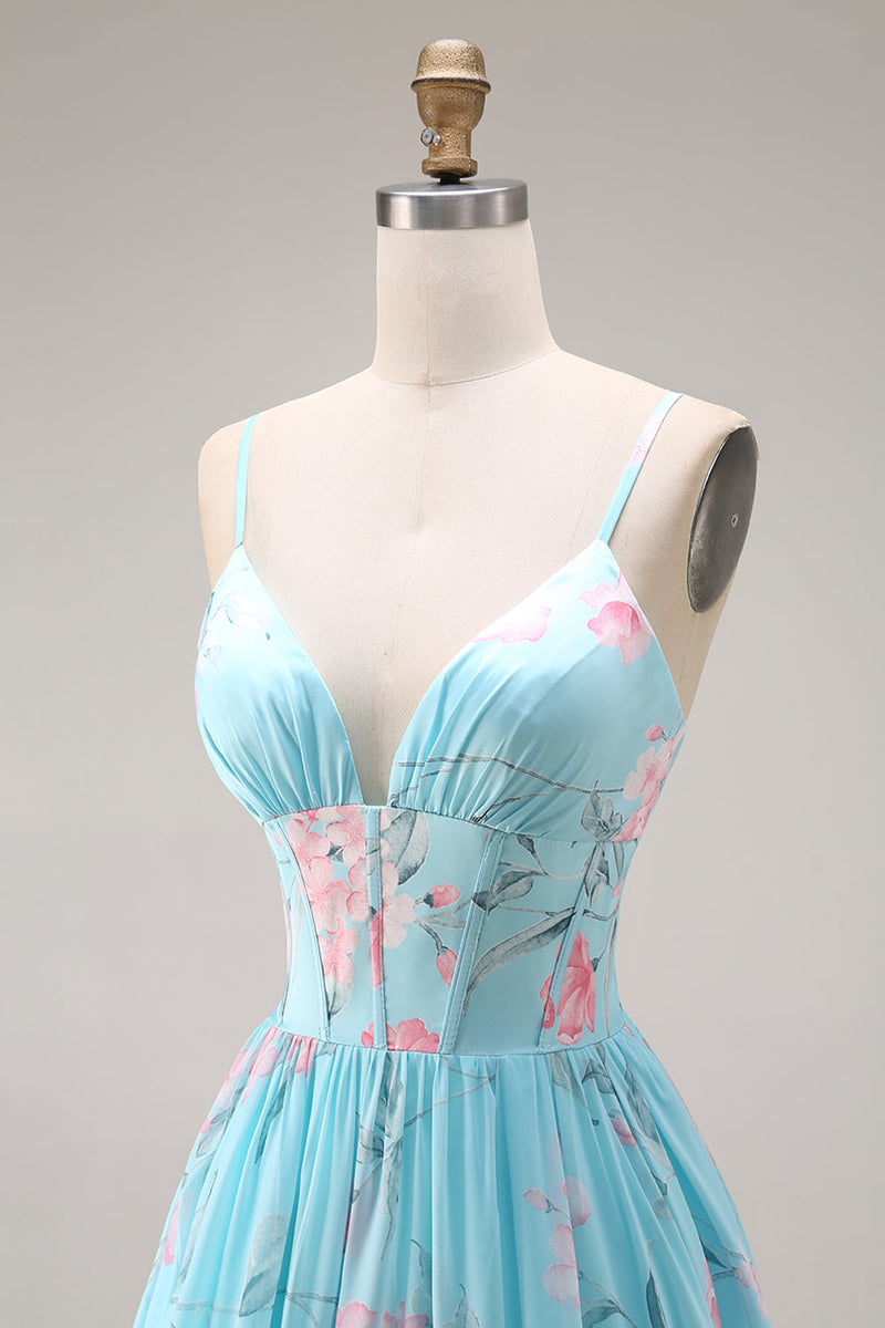 Laden Sie das Bild in den Galerie-Viewer, Blaue Rosa Blume A-Linie Rüschen Korsett Spaghetti-Träger Chiffon Langes Ballkleid