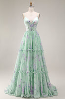 Laden Sie das Bild in den Galerie-Viewer, Blaue Rosa Blume A-Linie Rüschen Korsett Spaghetti-Träger Chiffon Langes Ballkleid