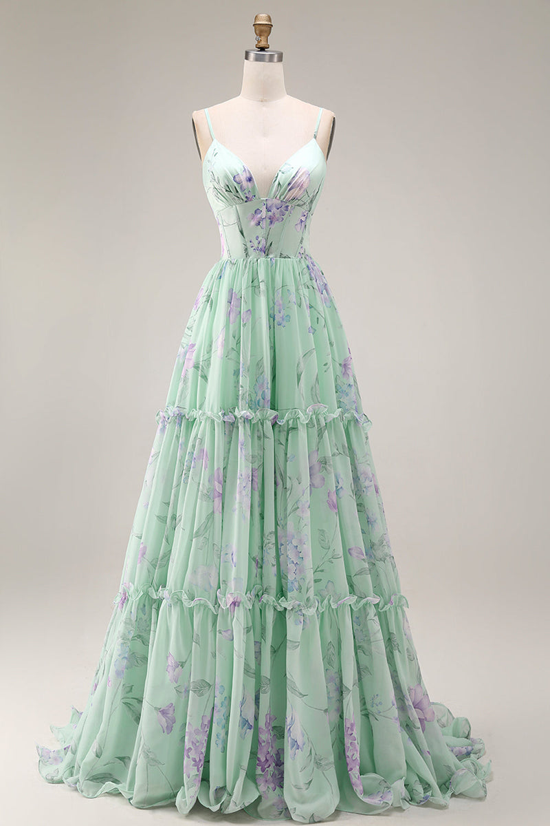 Laden Sie das Bild in den Galerie-Viewer, Blaue Rosa Blume A-Linie Rüschen Korsett Spaghetti-Träger Chiffon Langes Ballkleid