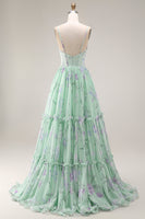 Laden Sie das Bild in den Galerie-Viewer, Blaue Rosa Blume A-Linie Rüschen Korsett Spaghetti-Träger Chiffon Langes Ballkleid