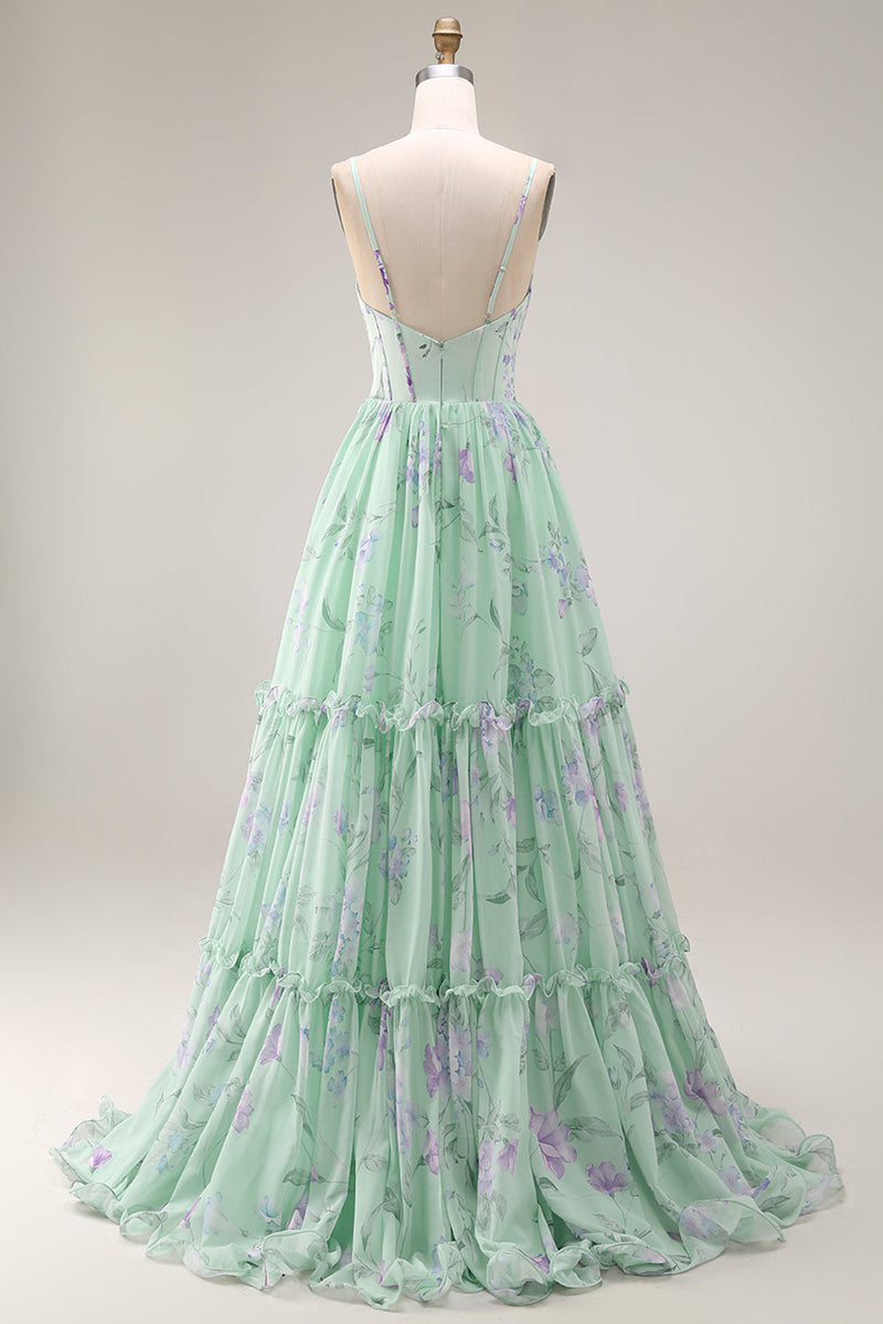 Laden Sie das Bild in den Galerie-Viewer, Blaue Rosa Blume A-Linie Rüschen Korsett Spaghetti-Träger Chiffon Langes Ballkleid