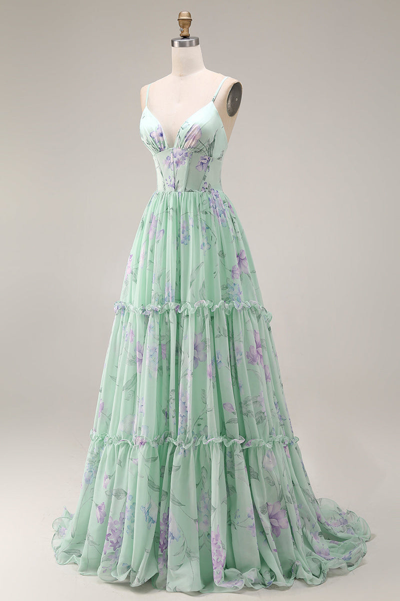 Laden Sie das Bild in den Galerie-Viewer, Blaue Rosa Blume A-Linie Rüschen Korsett Spaghetti-Träger Chiffon Langes Ballkleid