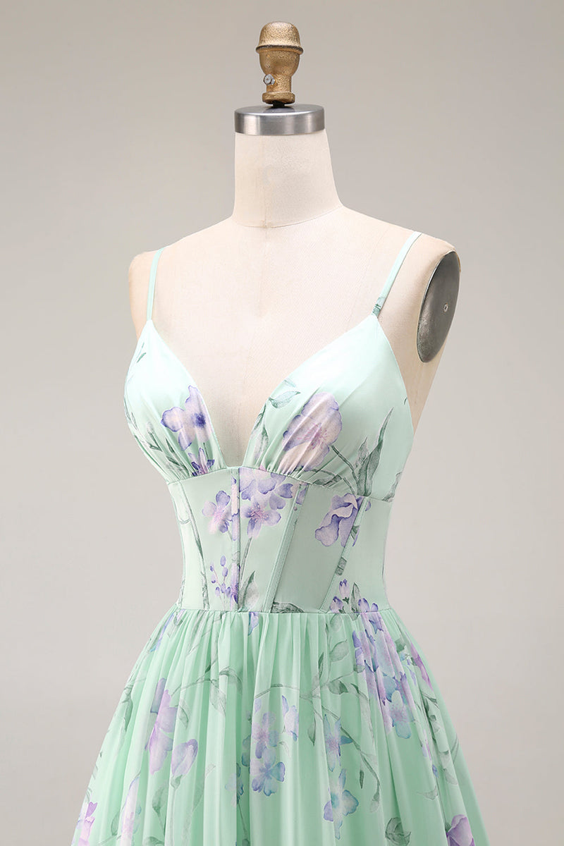 Laden Sie das Bild in den Galerie-Viewer, Blaue Rosa Blume A-Linie Rüschen Korsett Spaghetti-Träger Chiffon Langes Ballkleid