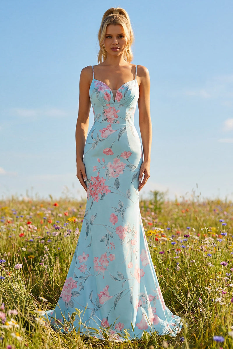 Laden Sie das Bild in den Galerie-Viewer, Blau Rosa Blume Meerjungfrau Spaghettiträger Langes Ballkleid