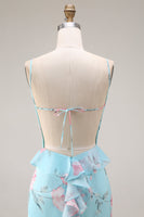 Laden Sie das Bild in den Galerie-Viewer, Blau Rosa Blume Meerjungfrau Spaghettiträger Langes Ballkleid