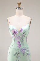 Laden Sie das Bild in den Galerie-Viewer, Blau Rosa Blume Meerjungfrau Spaghettiträger Langes Ballkleid