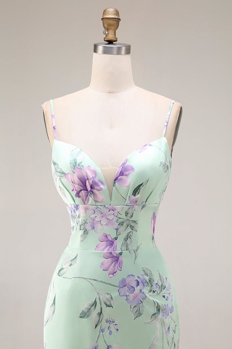 Laden Sie das Bild in den Galerie-Viewer, Blau Rosa Blume Meerjungfrau Spaghettiträger Langes Ballkleid