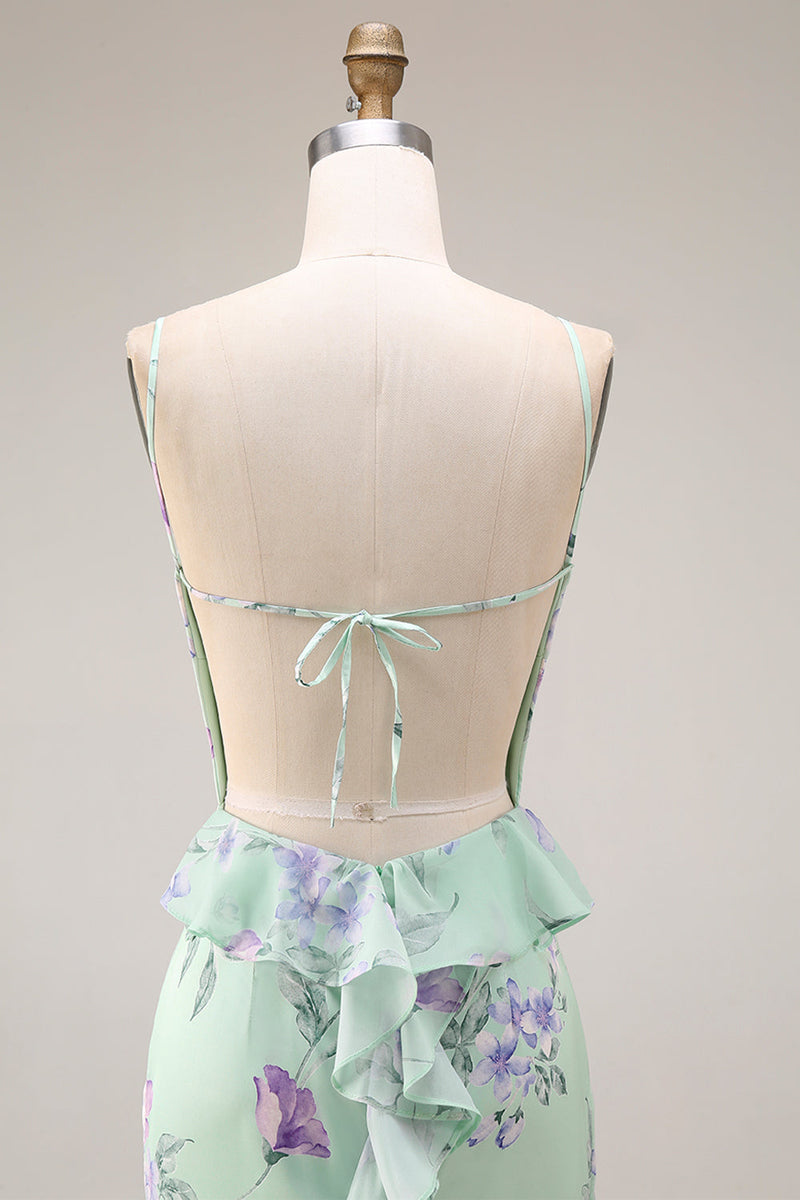 Laden Sie das Bild in den Galerie-Viewer, Blau Rosa Blume Meerjungfrau Spaghettiträger Langes Ballkleid