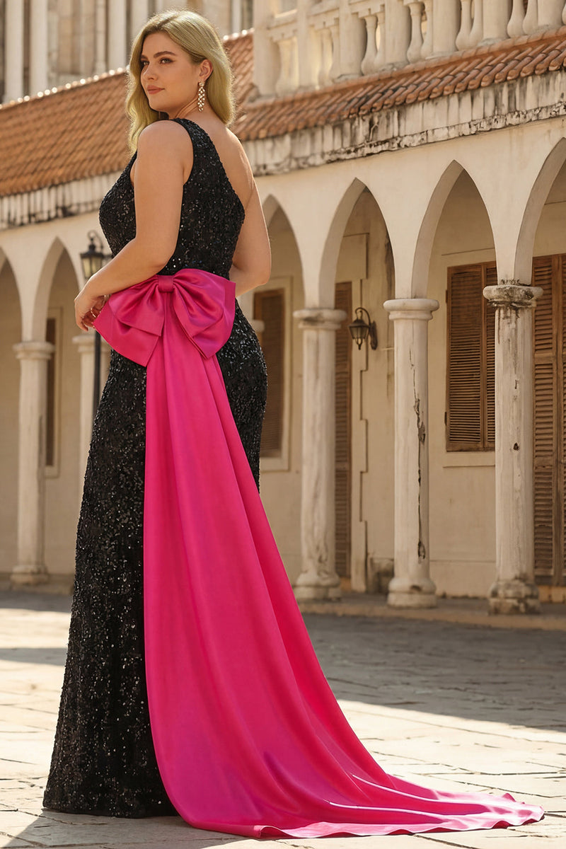 Laden Sie das Bild in den Galerie-Viewer, Glitzerndes Pailletten Schleife Schwarzes Meerjungfrauen Langes Plus Size Ballkleid mit Schlitz und einer Schulter