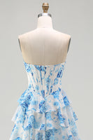 Laden Sie das Bild in den Galerie-Viewer, Weißes Rosa Blumen A-Linie Herzausschnitt Pailletten Gestuftes Korsett Langes Ballkleid mit Schlitz