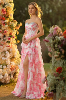 Laden Sie das Bild in den Galerie-Viewer, Weiße Rosa Blume A-Linie Herzausschnitt Gestuftes Korsett Pailletten Langes Ballkleid mit Schlitz