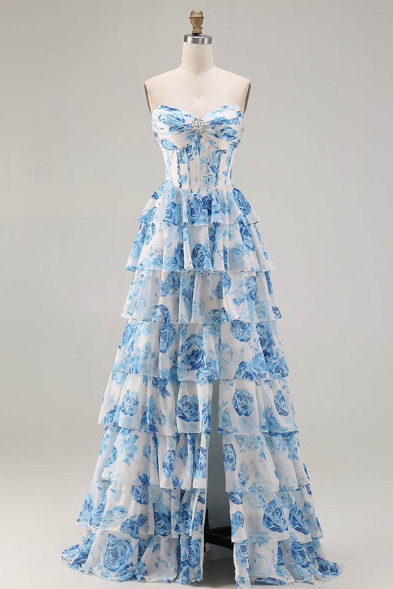 Laden Sie das Bild in den Galerie-Viewer, Weiß Rosa Blumen A-Linie Trägerloses Korsett Gestuftes Rüschen Langes Ballkleid mit Schlitz