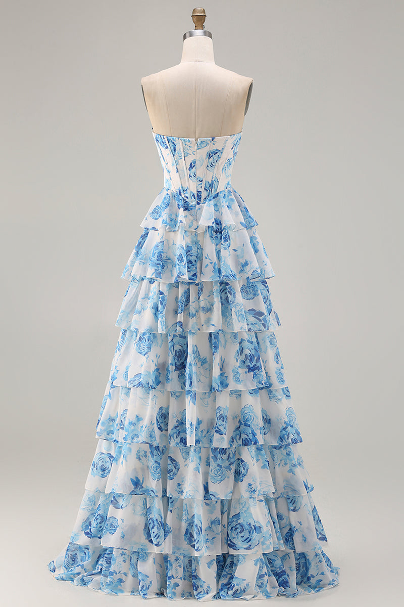 Laden Sie das Bild in den Galerie-Viewer, Weiß Rosa Blumen A-Linie Trägerloses Korsett Gestuftes Rüschen Langes Ballkleid mit Schlitz