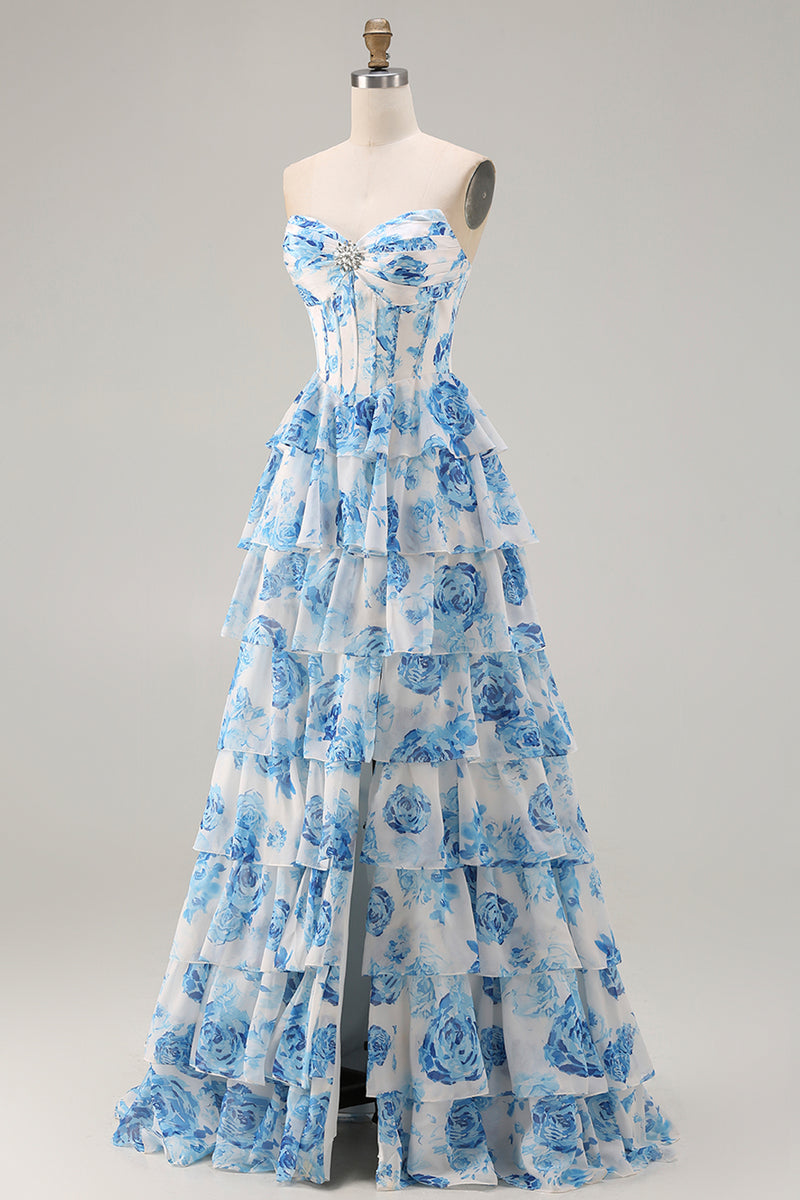 Laden Sie das Bild in den Galerie-Viewer, Weiß Rosa Blumen A-Linie Trägerloses Korsett Gestuftes Rüschen Langes Ballkleid mit Schlitz
