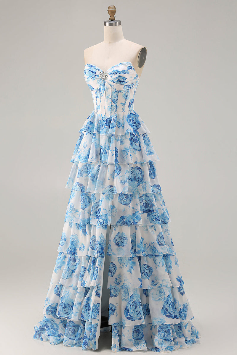 Laden Sie das Bild in den Galerie-Viewer, Weißblaues Geblümtes Trägerloses A-Linie Korsett Gestuftes Rüschen Langes Ballkleid mit Schlitz