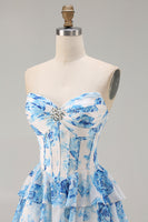Laden Sie das Bild in den Galerie-Viewer, Weiß Rosa Blumen A-Linie Trägerloses Korsett Gestuftes Rüschen Langes Ballkleid mit Schlitz