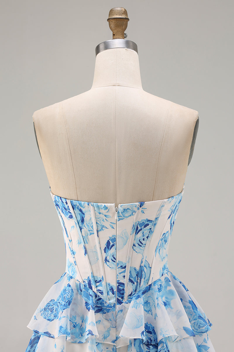 Laden Sie das Bild in den Galerie-Viewer, Weiß Rosa Blumen A-Linie Trägerloses Korsett Gestuftes Rüschen Langes Ballkleid mit Schlitz